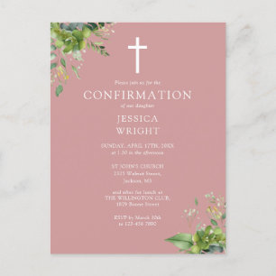 Greenery Monogram Pink Confirmation Invitation Postcard