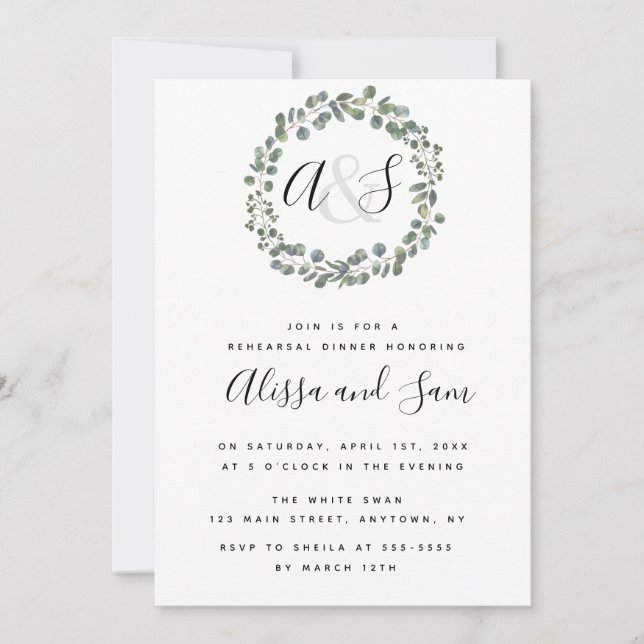 Greenery Monogram Rehearsal Dinner Invitations (Front)