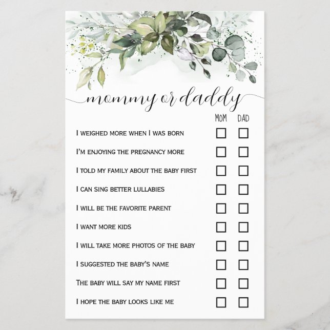 Greenery Mum or Dad Baby Shower Game Card (Front)