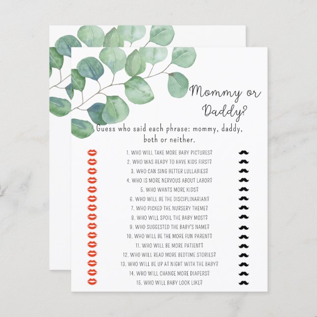 Greenery - mummy or daddy baby shower game (Front/Back)