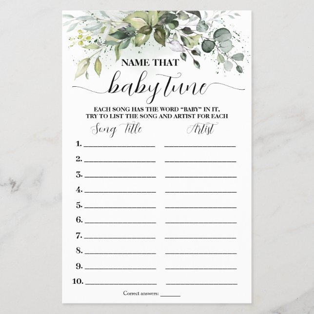 Greenery Name Baby Tune Baby Shower Game Card (Front)
