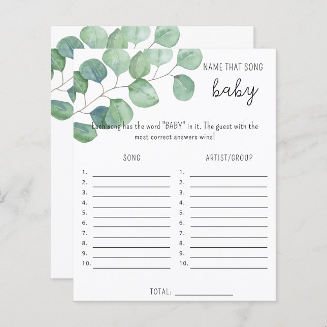 Greenery - Name that song baby shower game (Front/Back)
