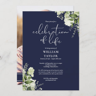 Greenery Navy Blue Celebration of Life Photo Invitation