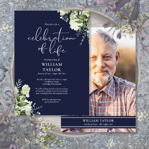 Greenery Navy Blue Celebration of Life Photo Invitation