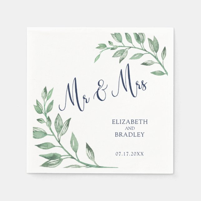 Greenery | Navy Blue Script Mr and Mrs | Wedding Napkin (Front)