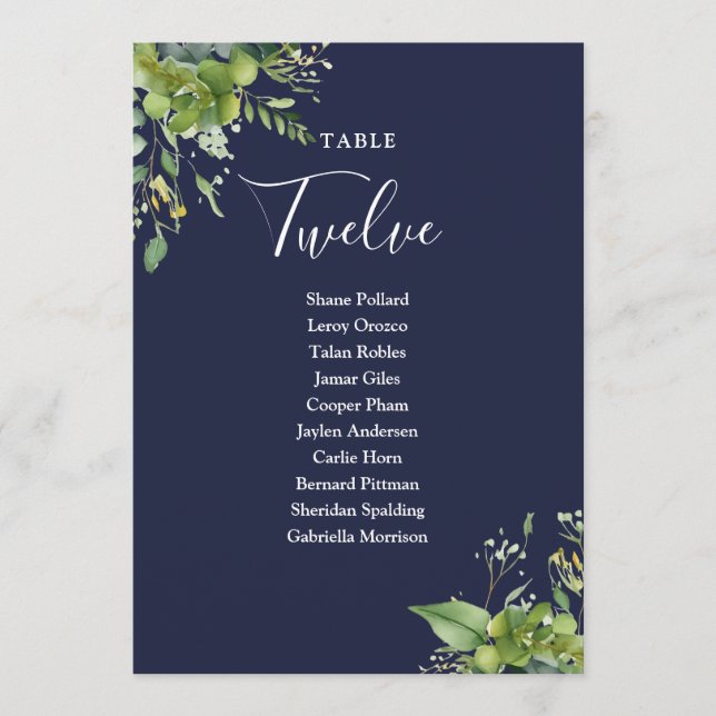 Greenery Navy Blue Seating Plan Table Number (Front)