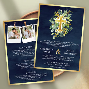 Greenery Navy Gold All in One Catholic Wedding Invitation