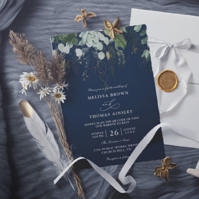 Greenery Navy Gold Leaf Budget QR Code Wedding Invitation (Creator Uploaded)
