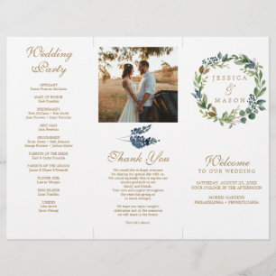 Greenery Navy Gold Tri-Fold Wedding Programs Flyer