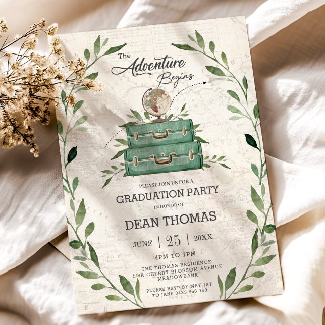Greenery New Adventure Begins Journey Graduation Invitation (the adventure begins greenery suitcases globe graduation party photo picture invitation printed )