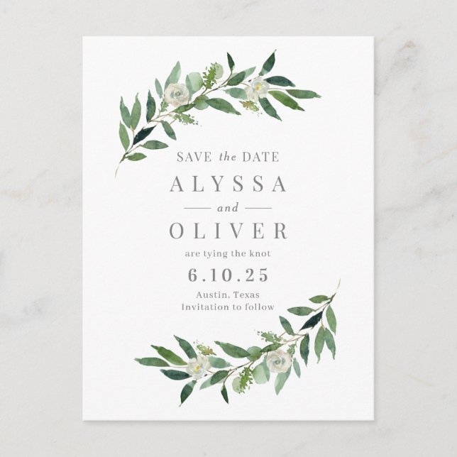 Greenery No Photo Save The Date Postcard (Front)