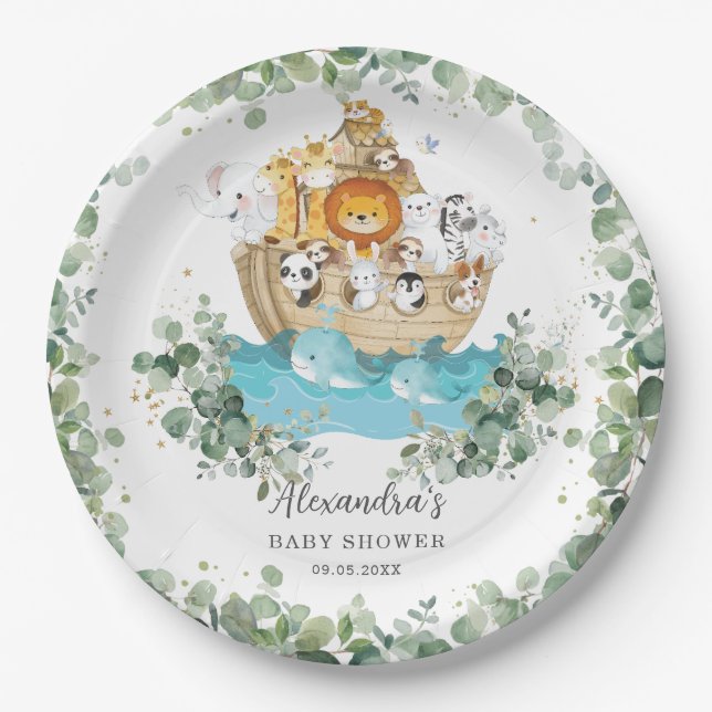Greenery Noah's Ark Baby Shower Birthday Baptism Paper Plate (Front)