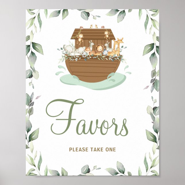 Greenery Noah's Ark Baby Shower Birthday Favours Poster (Front)