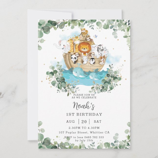 Greenery Noah's Ark Gender Neutral Birthday Party Invitation (Front)