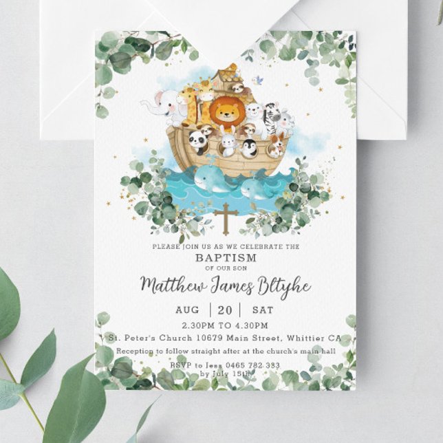 Greenery Noah's Ark Neutral Baptism Christening Invitation (Creator Uploaded)