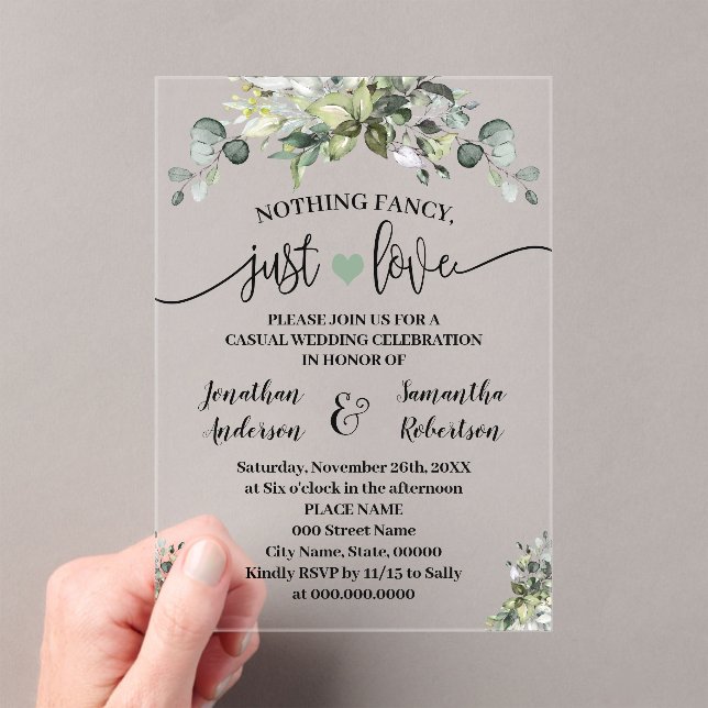 Greenery Nothing Fancy Just Love Elopement Acrylic Invitations (Insitu (Handheld))