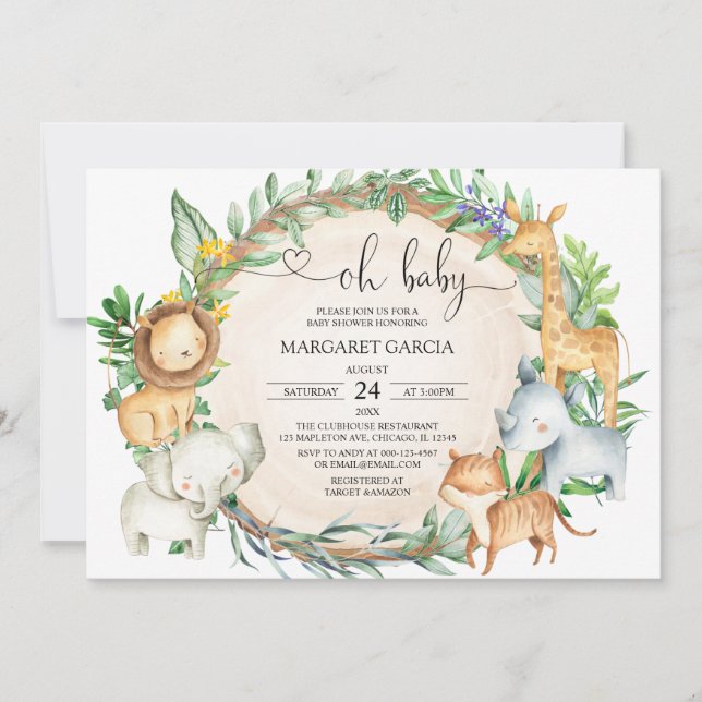 Greenery Oh Baby Jungle Safari Animals Baby Shower Invitation (Front)