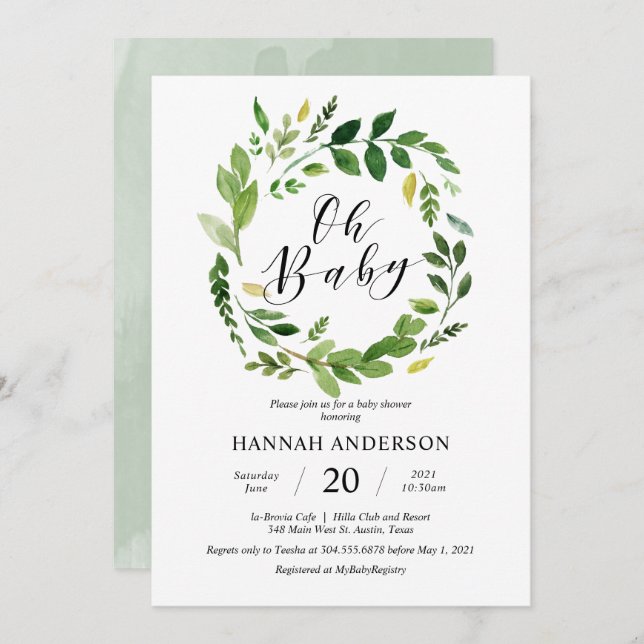 Greenery Oh Baby Shower Modern Script Invitation (Front/Back)