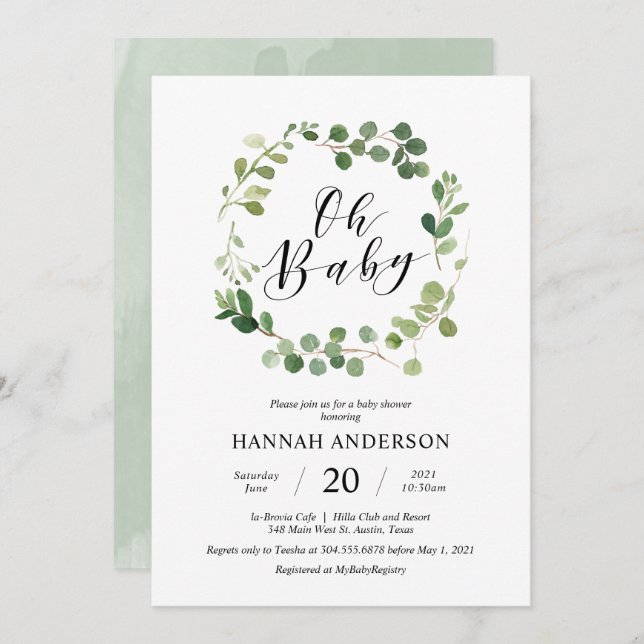 Greenery Oh Baby Shower Modern Script Invitation (Front/Back)