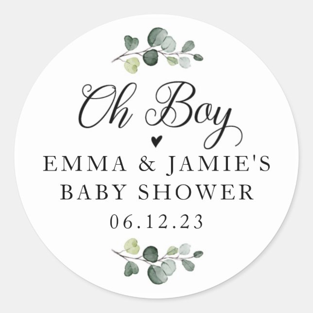 Greenery Oh Boy Baby Shower Sticker (Front)