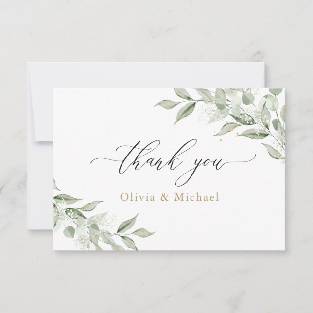 Greenery Olive Branch Baby's Breath Gold Wedding Thank You Card (Front)