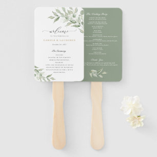 Greenery Olive Branch Babys Breath Wedding Program Hand Fan
