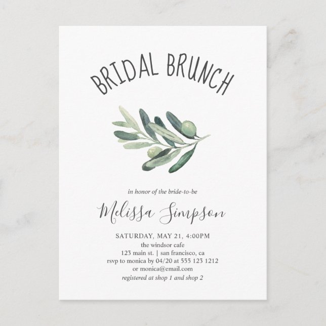 Greenery Olive Bridal Shower Brunch Invitation Postcard (Front)
