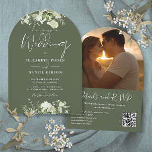Greenery Olive Green QR Code Photo Arch Wedding Invitation