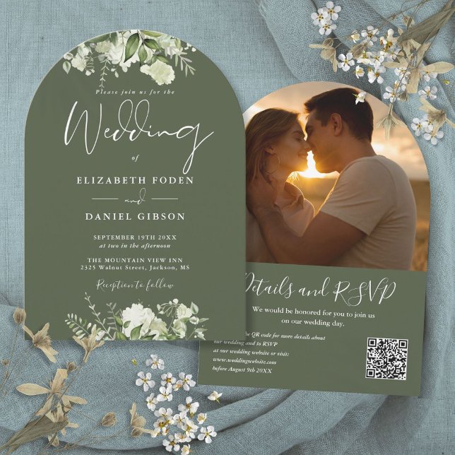 Greenery Olive Green QR Code Photo Arch Wedding Invitation (Greenery Olive Green QR Code Photo Arch Wedding Invitation)