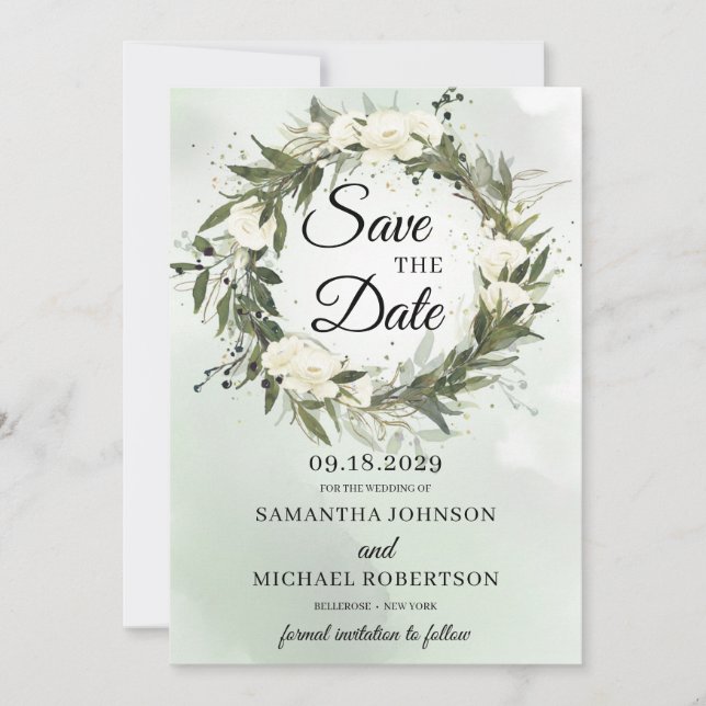 Greenery olive greenery foliage wreath white roses save the date (Front)
