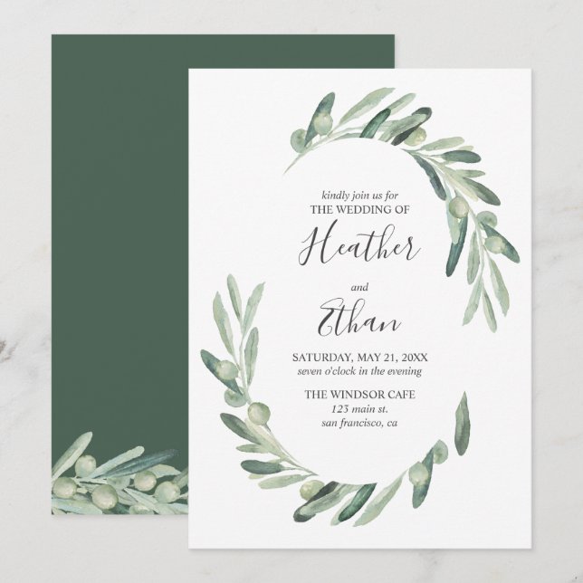 Greenery Olive Modern Handwritten Font Wedding Invitation (Front/Back)