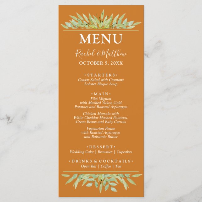 Greenery on Ochre Fall Wedding Menu (Front)