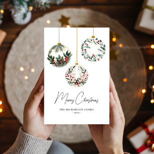Greenery Ornament Bauble Watercolor Christmas Holiday Card