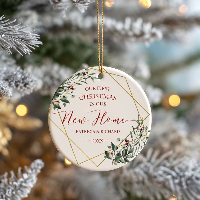 Greenery Our First Christmas In Our New Home Ceramic Ornament (Creator Uploaded)