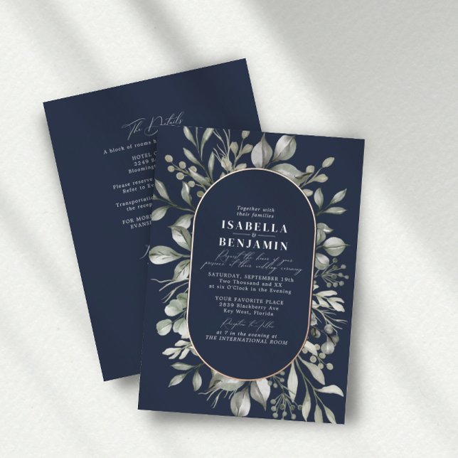 Greenery Oval Navy RSVP QR Code Wedding Rose Gold (Creator Uploaded)