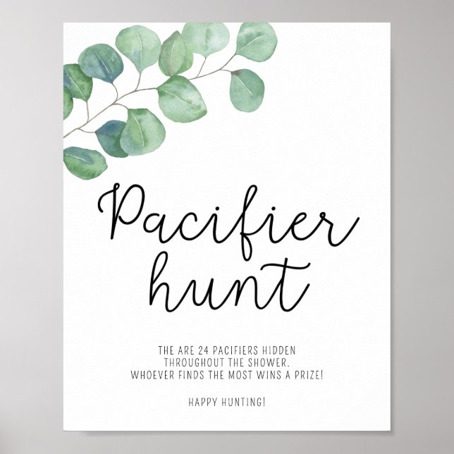 Greenery - pacifier hunt baby shower game poster (Front)