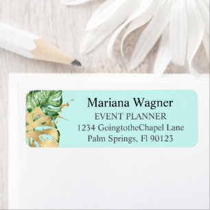 Greenery Palm Leaves Gold on Teal Business Return Address Label