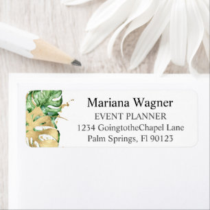 Greenery Palm Leaves Gold on White Business Return Address Label