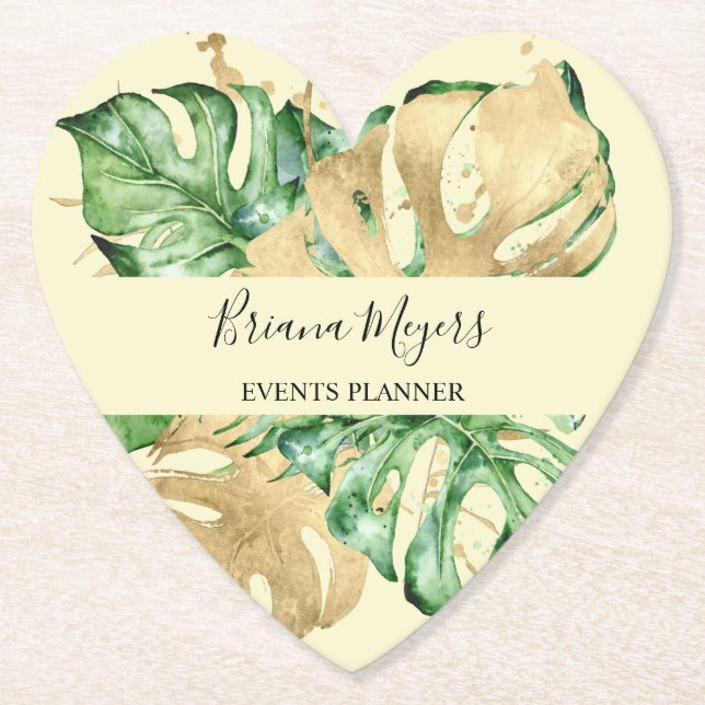 Greenery Palm Leaves Gold Yellow Tropical  Paper Coaster (Front)