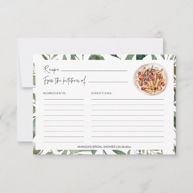 Greenery Pasta Kitchen Bridal Shower Recipe Cards (Front)