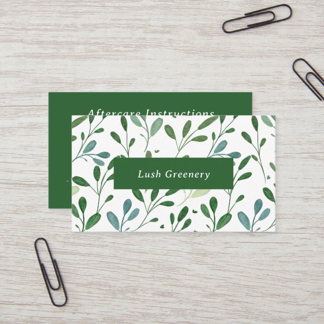 Greenery Pattern Modern Aftercare Instructions Business Card (Front/Back In Situ)