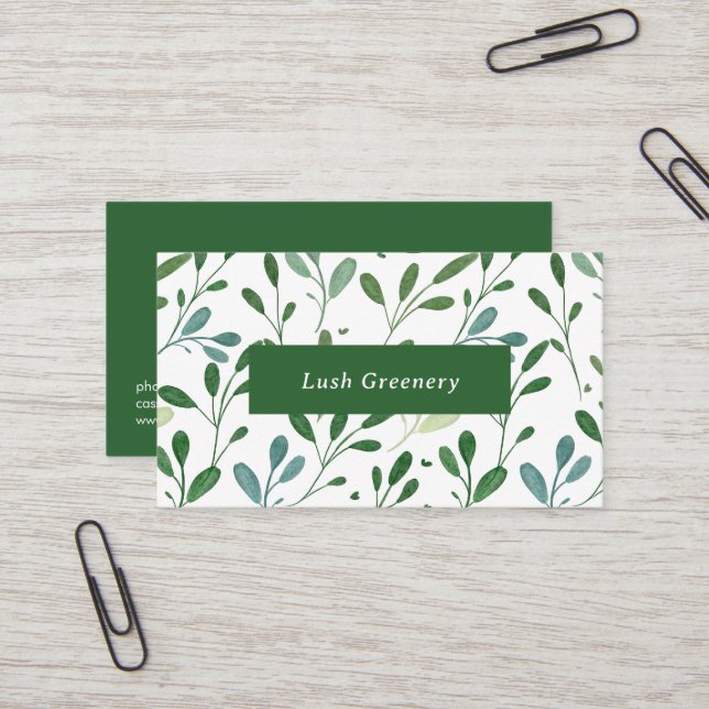 Greenery Pattern Modern Business Card (Front/Back In Situ)