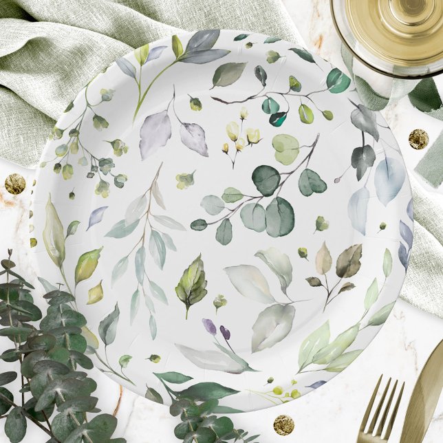 Greenery Pattern Watercolor Bridal Shower Paper Plate (Creator Uploaded)