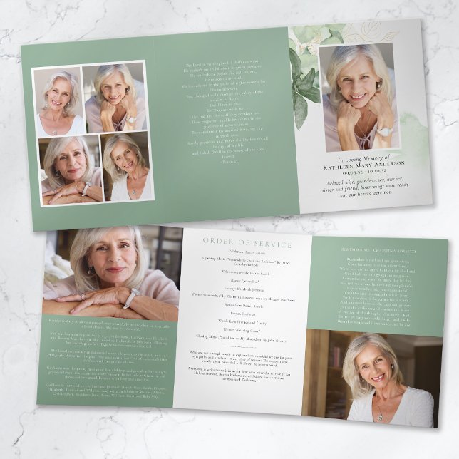 Greenery Photo 6-Page Memorial Order of Service  Tri-Fold Invitation (Creator Uploaded)