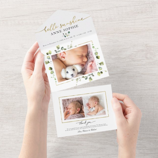 Greenery Photo Birth Announcement & Thank You Card (Tearaway)