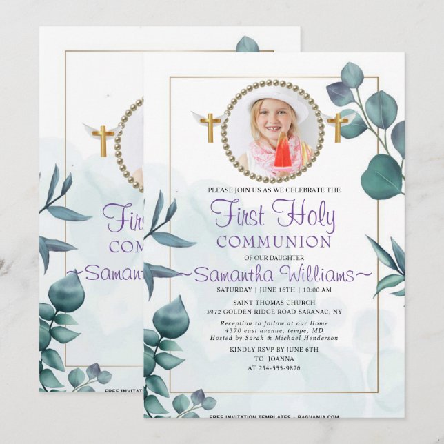 Greenery Photo First Communion Invitation (Front/Back)