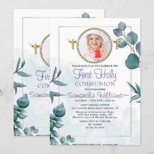 Greenery Photo First Communion Invitation