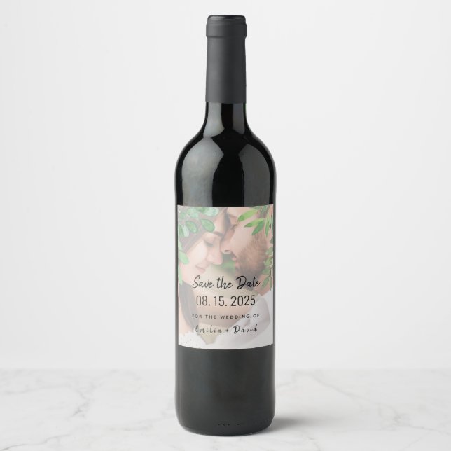 Greenery Photo Wedding Save The Date Wine Label (Front)