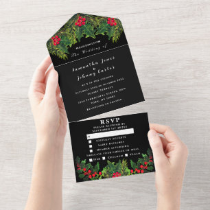 Greenery Pine Cone Winter Black Watercolor Wedding All In One Invitation