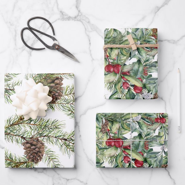 Greenery Pine Cones Red Berry Wrapping Paper Sheet (Front)
